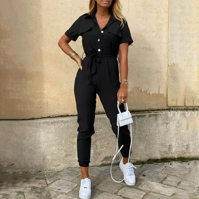 deanwangkt Summer Casual Short Sleeve Rompers Womens Jumpsuit Pure Color Button Overalls For Women Fashion Lace Up Slim Jumpsuit Women