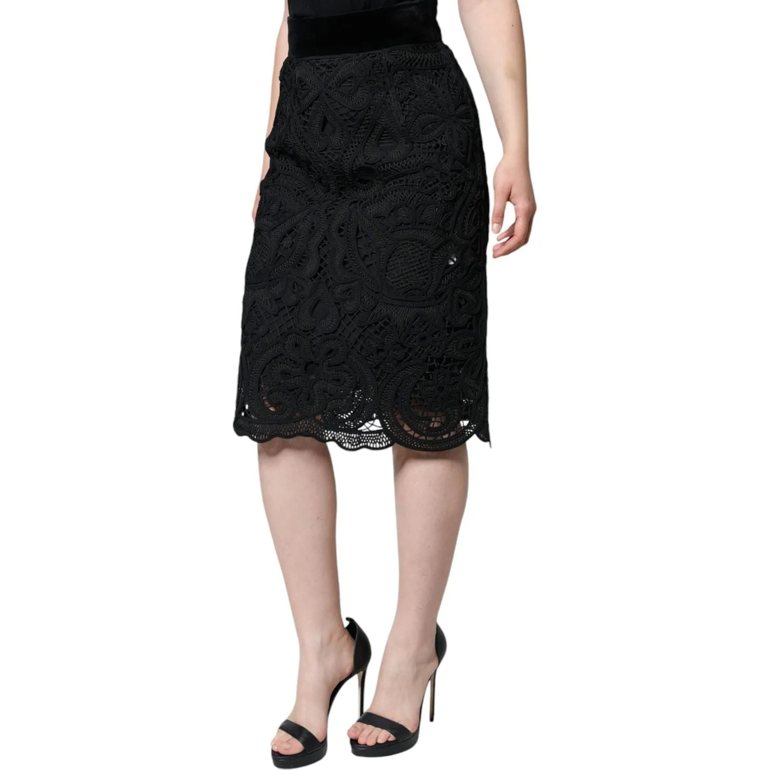 Dolce & Gabbana Black Floral Lace HighWaist Pencil Cut Skirt