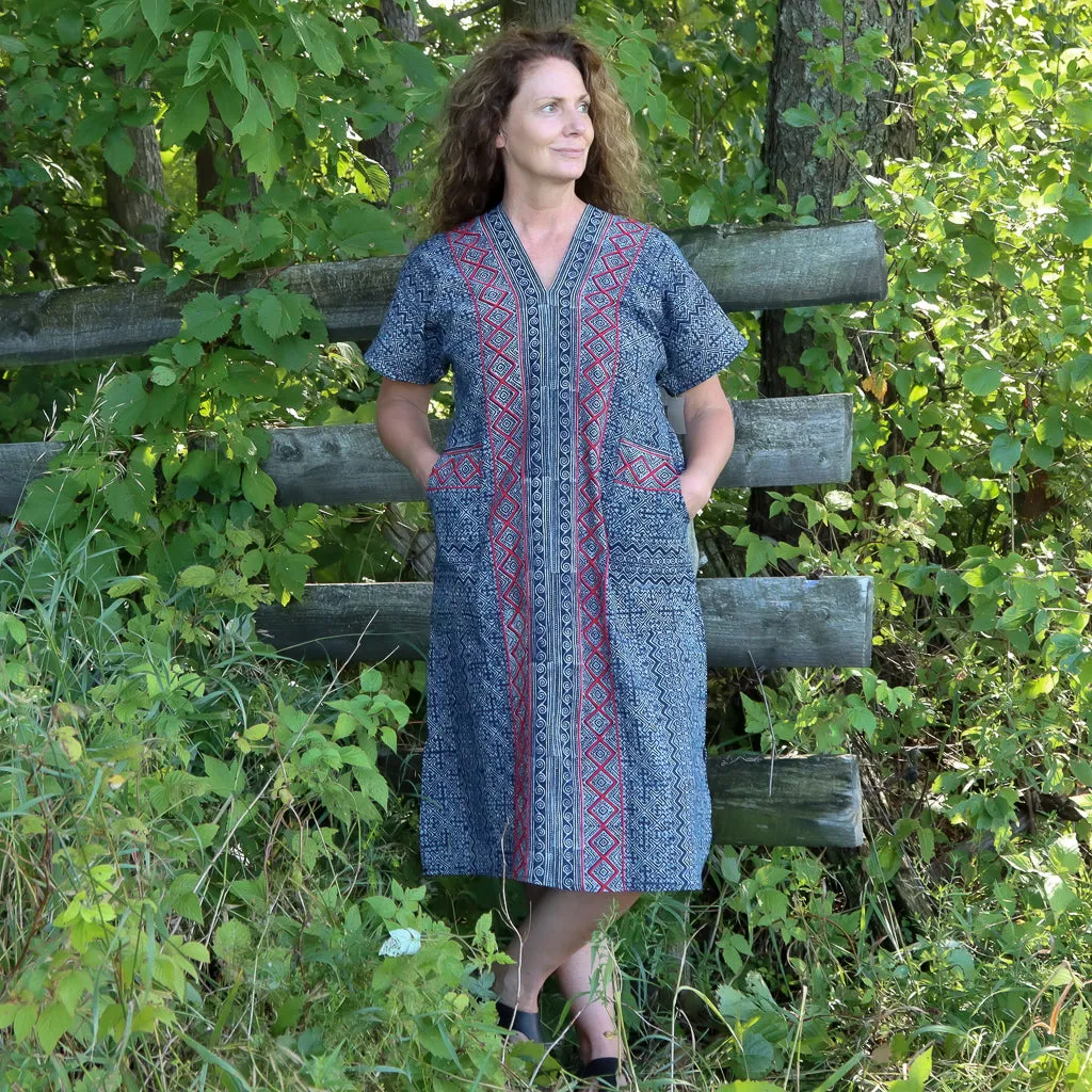 Embroidered Indigo Smock - V Neck