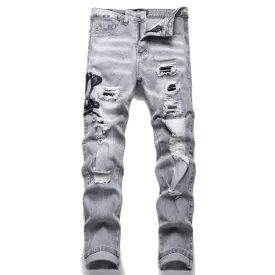 Fashion Gray Hole Patch Embroidery Cobra Stretch Feet Men's Jeans