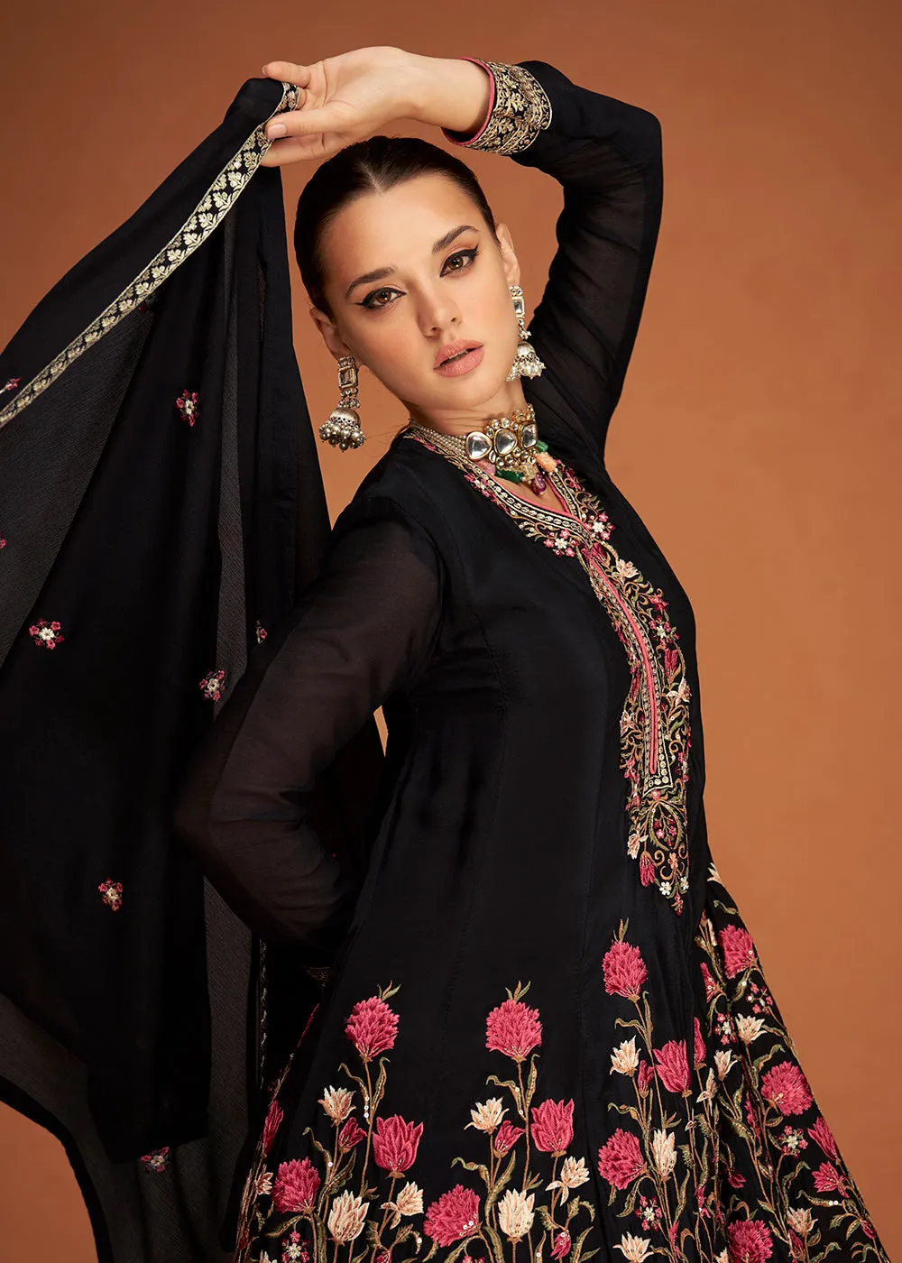 Festive Party Breathtaking Black Embroidered Chinon Silk Sharara Suit