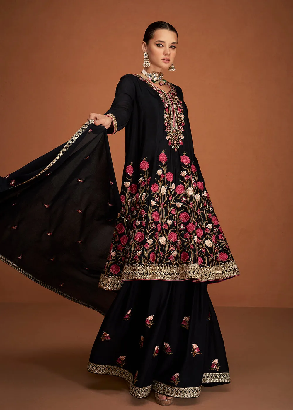 Festive Party Breathtaking Black Embroidered Chinon Silk Sharara Suit