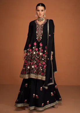 Festive Party Breathtaking Black Embroidered Chinon Silk Sharara Suit