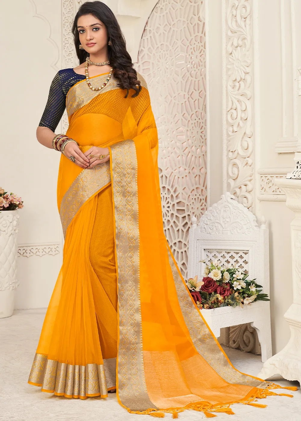 Fire Yellow Designer Organza Silk Saree with Tassels On Pallu