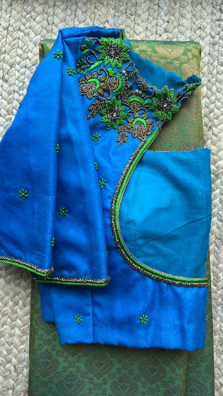 (Free full predraping ) green and blue silk saree with hand worked blouse