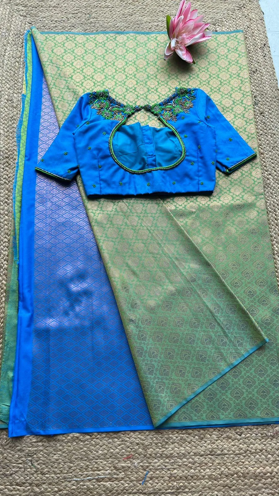 (Free full predraping ) green and blue silk saree with hand worked blouse