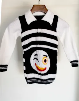 Graminarts Handmade Knitted Emoji Design Full Sleeve Sweater For Baby Boy-White & Black