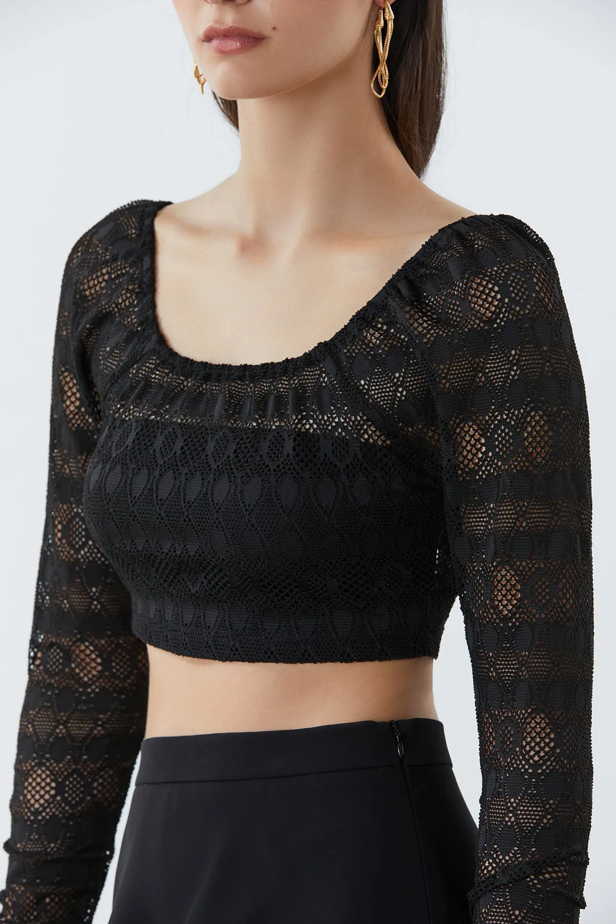 Hollow Sheer U Neck Crop Top