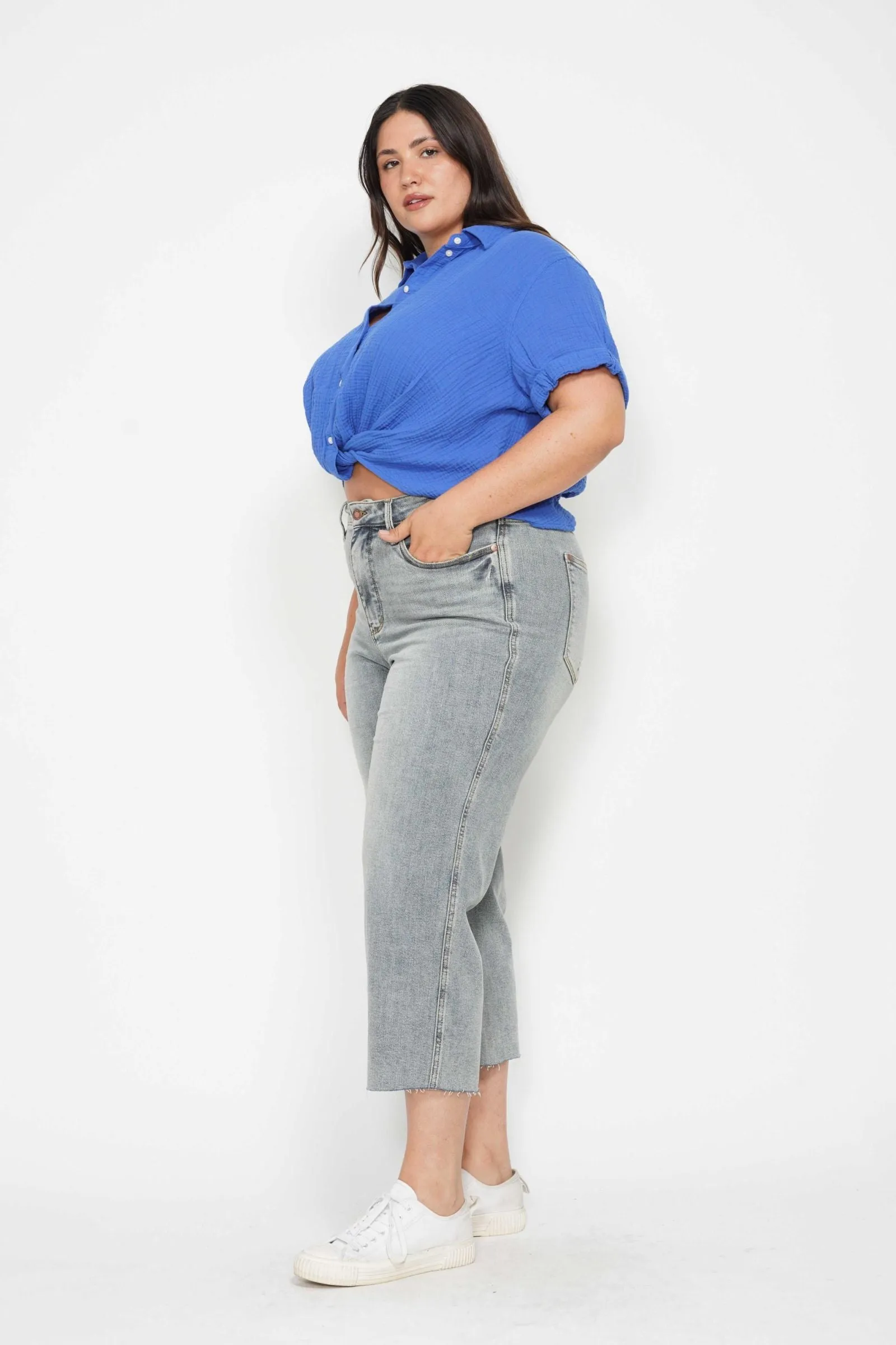 Judy Blue Mid Rise Tummy Control Raw Hem Wide Leg Crop Denim 88903