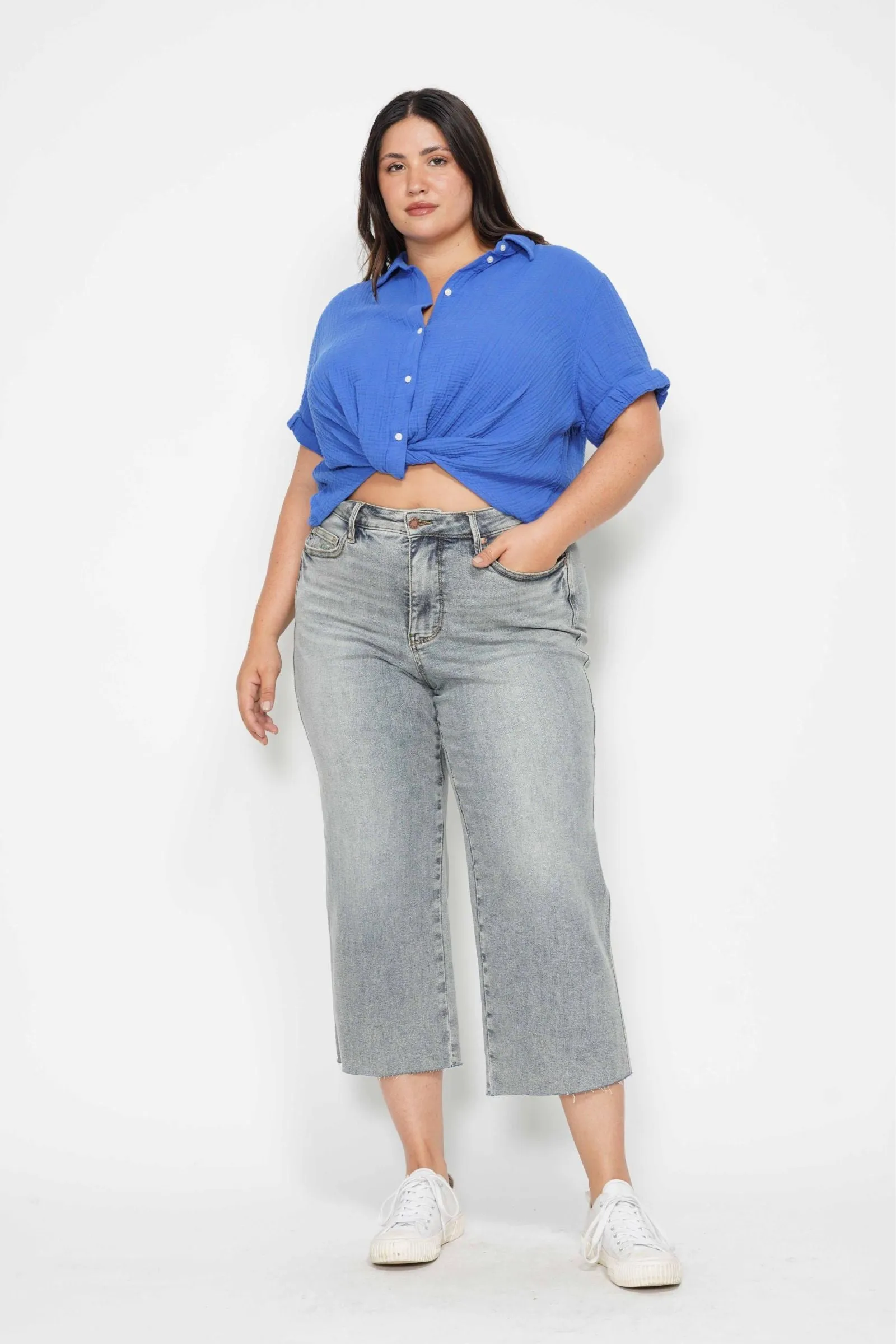 Judy Blue Mid Rise Tummy Control Raw Hem Wide Leg Crop Denim 88903