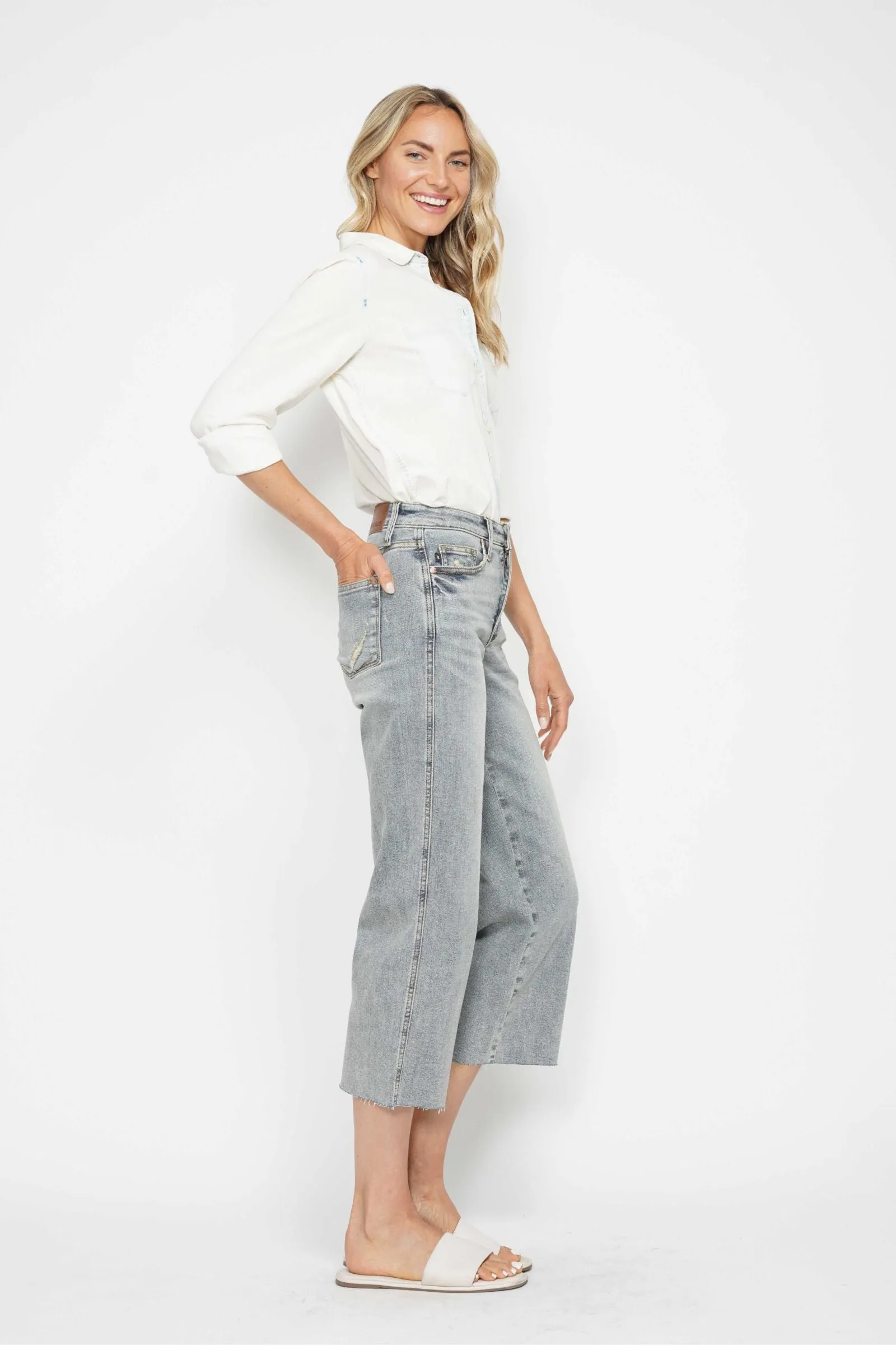 Judy Blue Mid Rise Tummy Control Raw Hem Wide Leg Crop Denim 88903