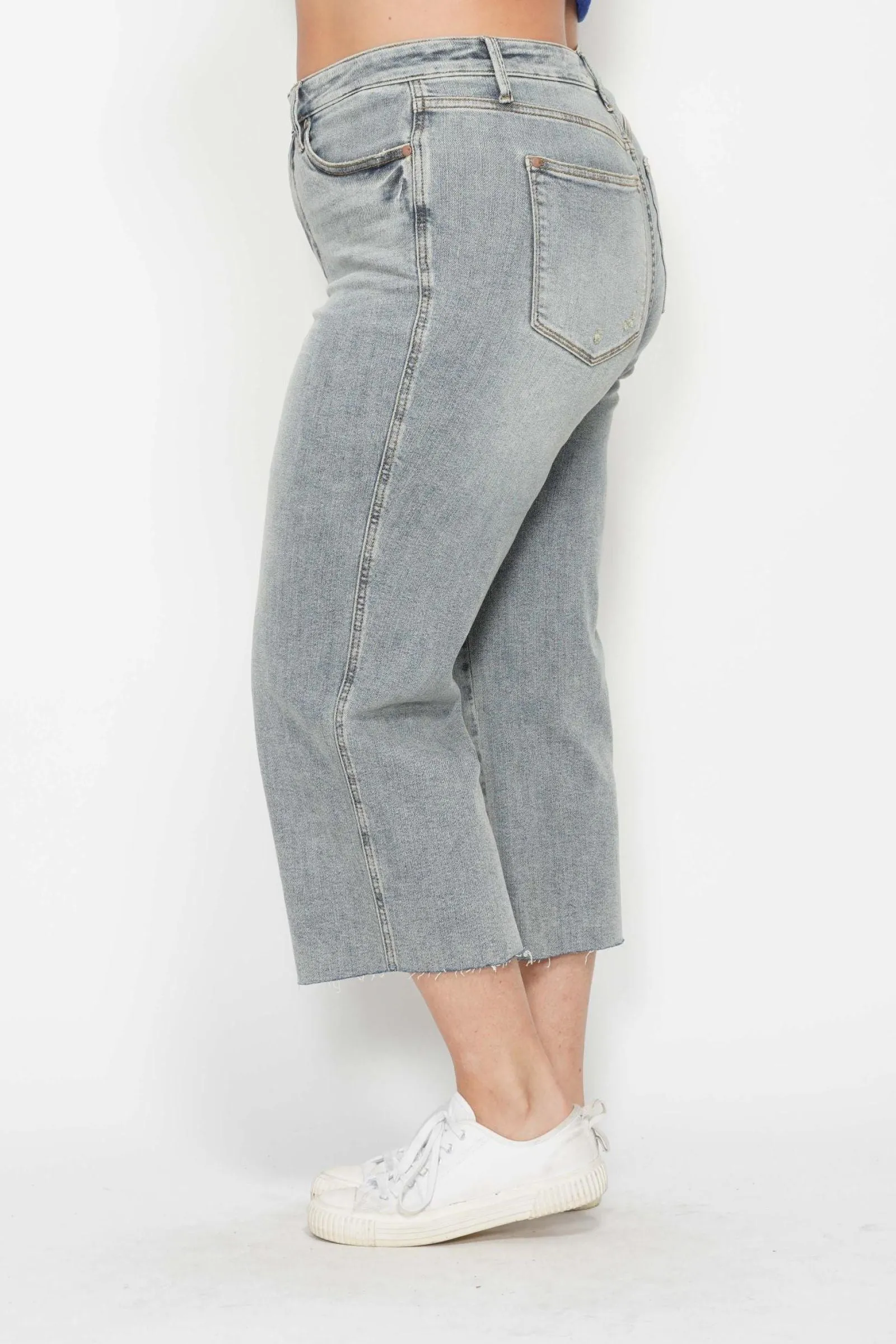 Judy Blue Mid Rise Tummy Control Raw Hem Wide Leg Crop Denim 88903