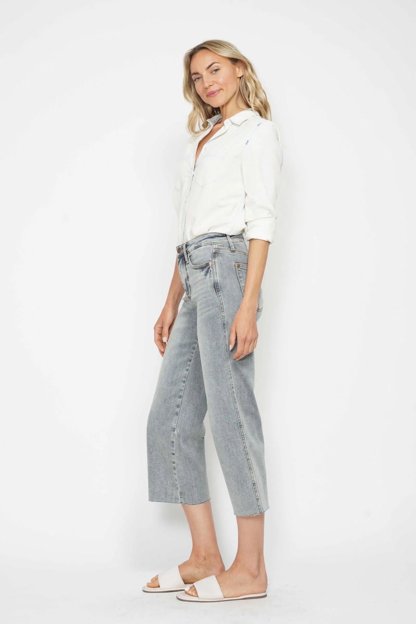 Judy Blue Mid Rise Tummy Control Raw Hem Wide Leg Crop Denim 88903