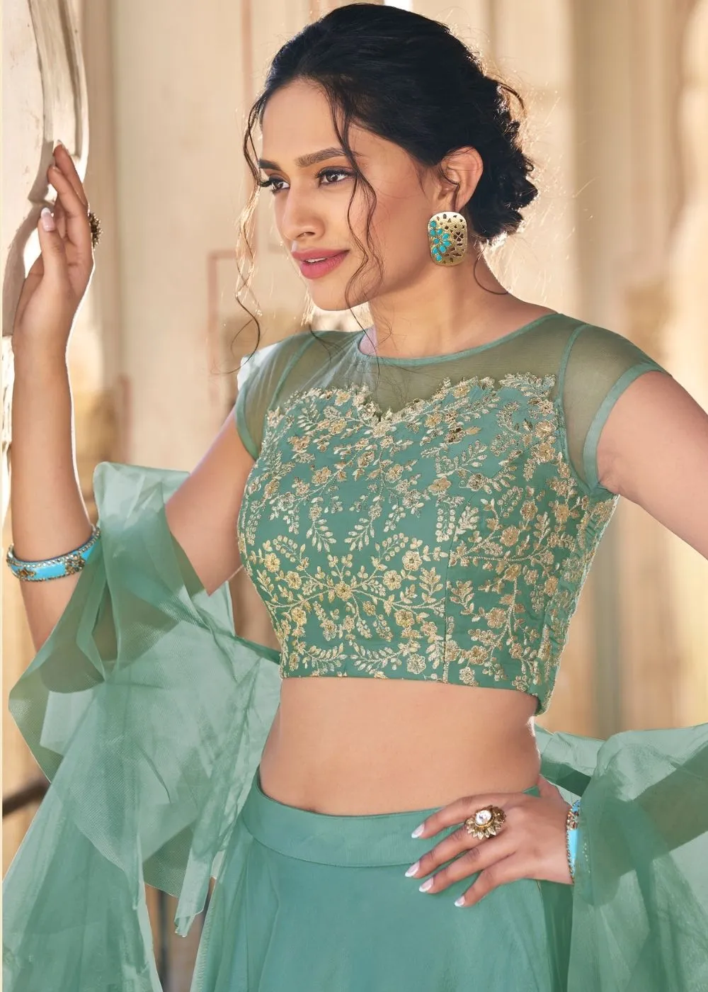 Light Teal Blue Net Frilled Designer Lehenga :Top Pick