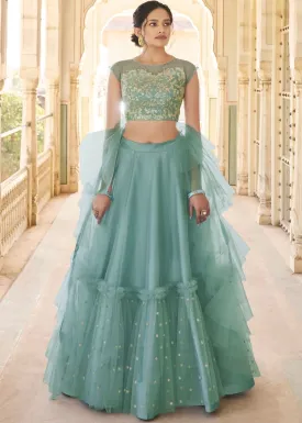 Light Teal Blue Net Frilled Designer Lehenga :Top Pick