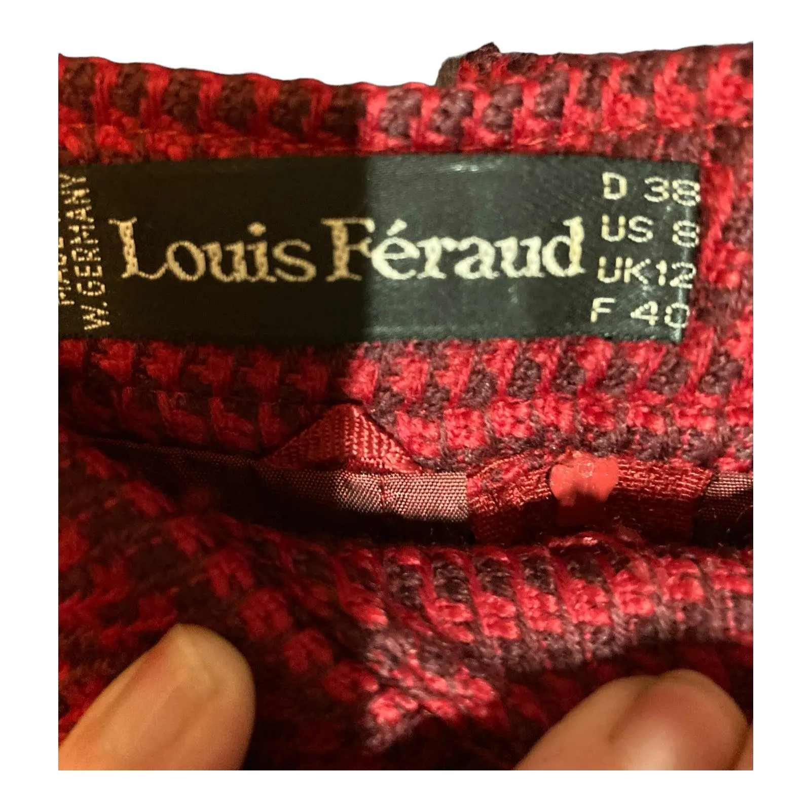 Louis Feraud Wool Red Dogtooth Skirt Suit Jacket - UK Size UK 14 Skirt - UK Size 12