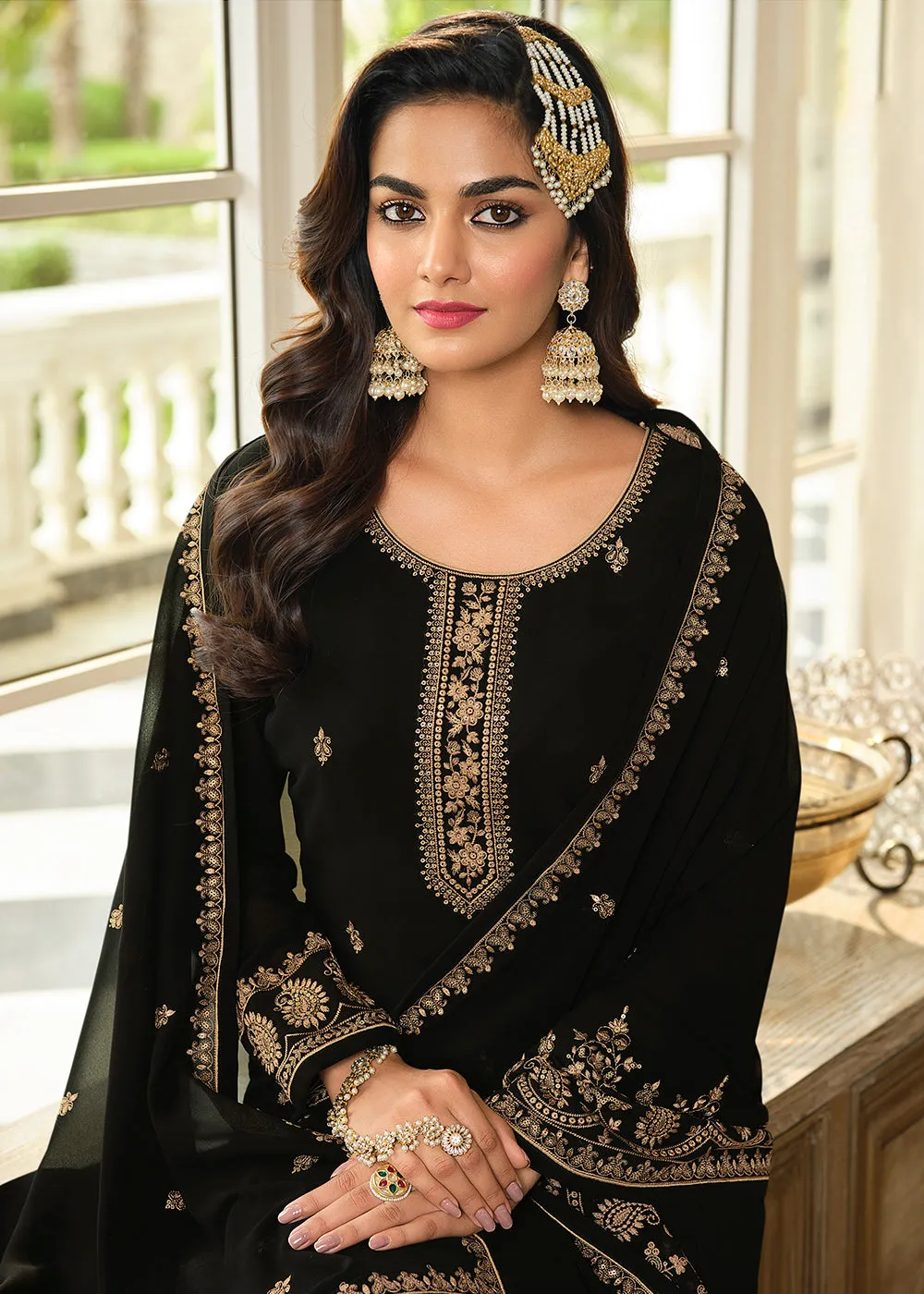 Lovely Black Embroidered Georgette Pakistani Gharara Suit