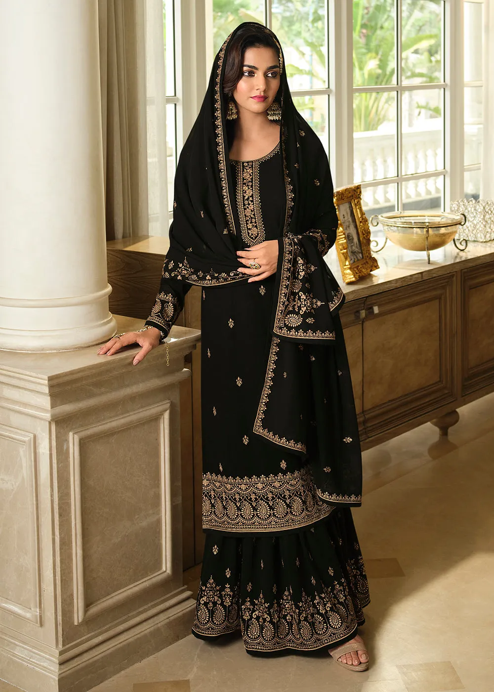 Lovely Black Embroidered Georgette Pakistani Gharara Suit