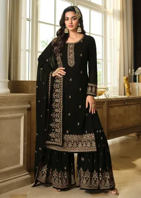 Lovely Black Embroidered Georgette Pakistani Gharara Suit