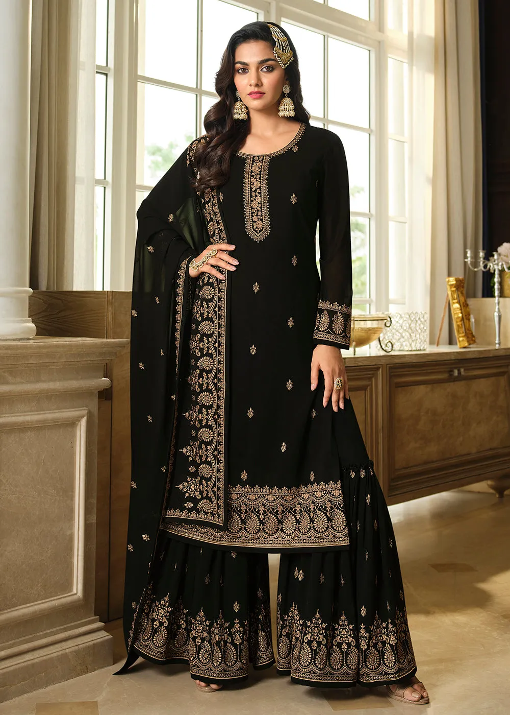 Lovely Black Embroidered Georgette Pakistani Gharara Suit