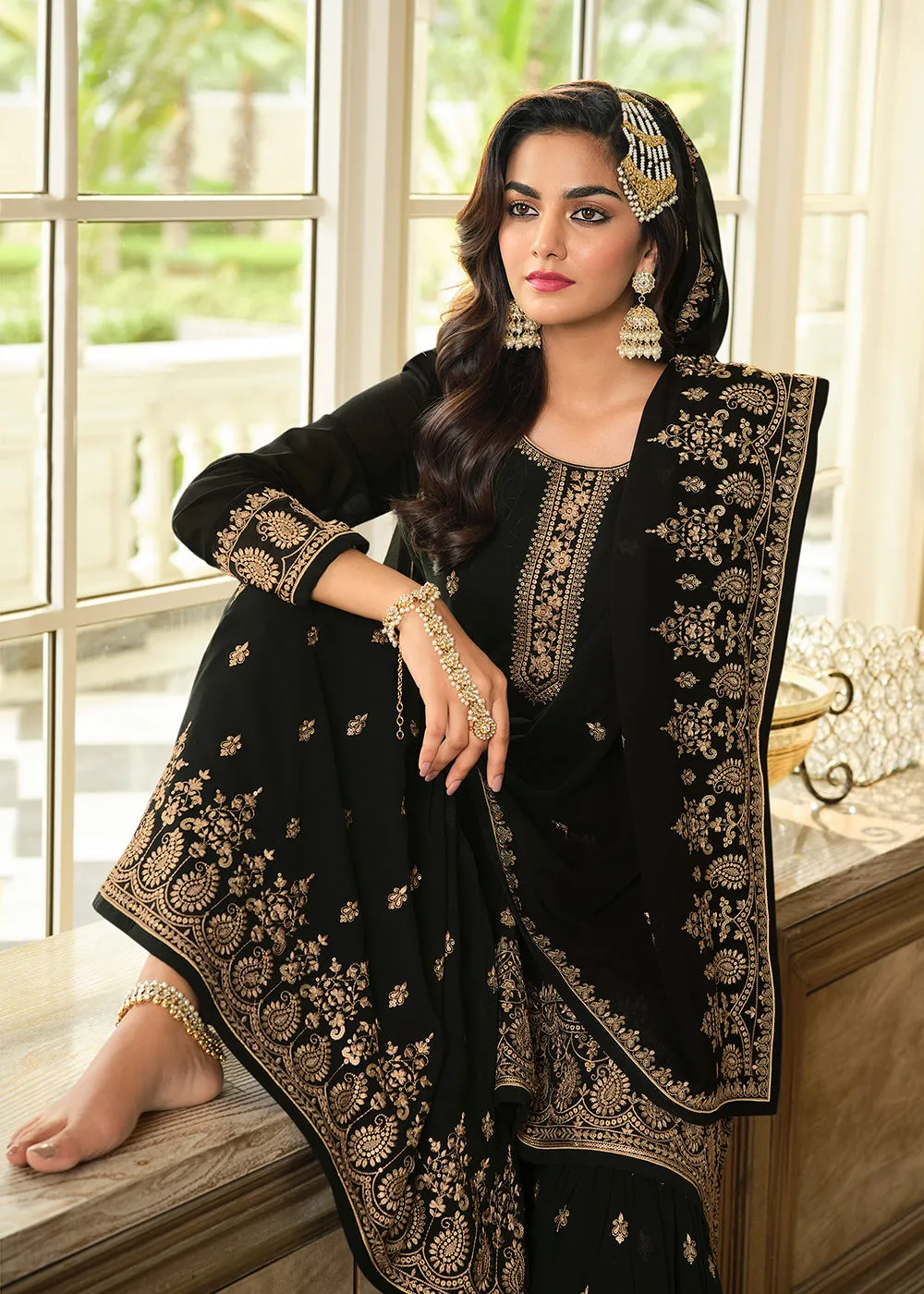 Lovely Black Embroidered Georgette Pakistani Gharara Suit