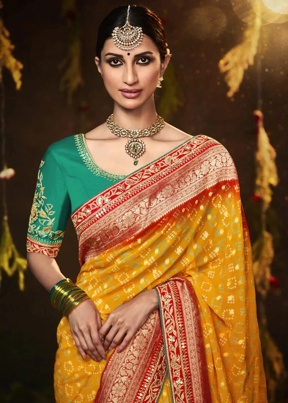 Merigold Orange Zari Weaving Georgette Silk Saree with Embroidery Designer Blouse