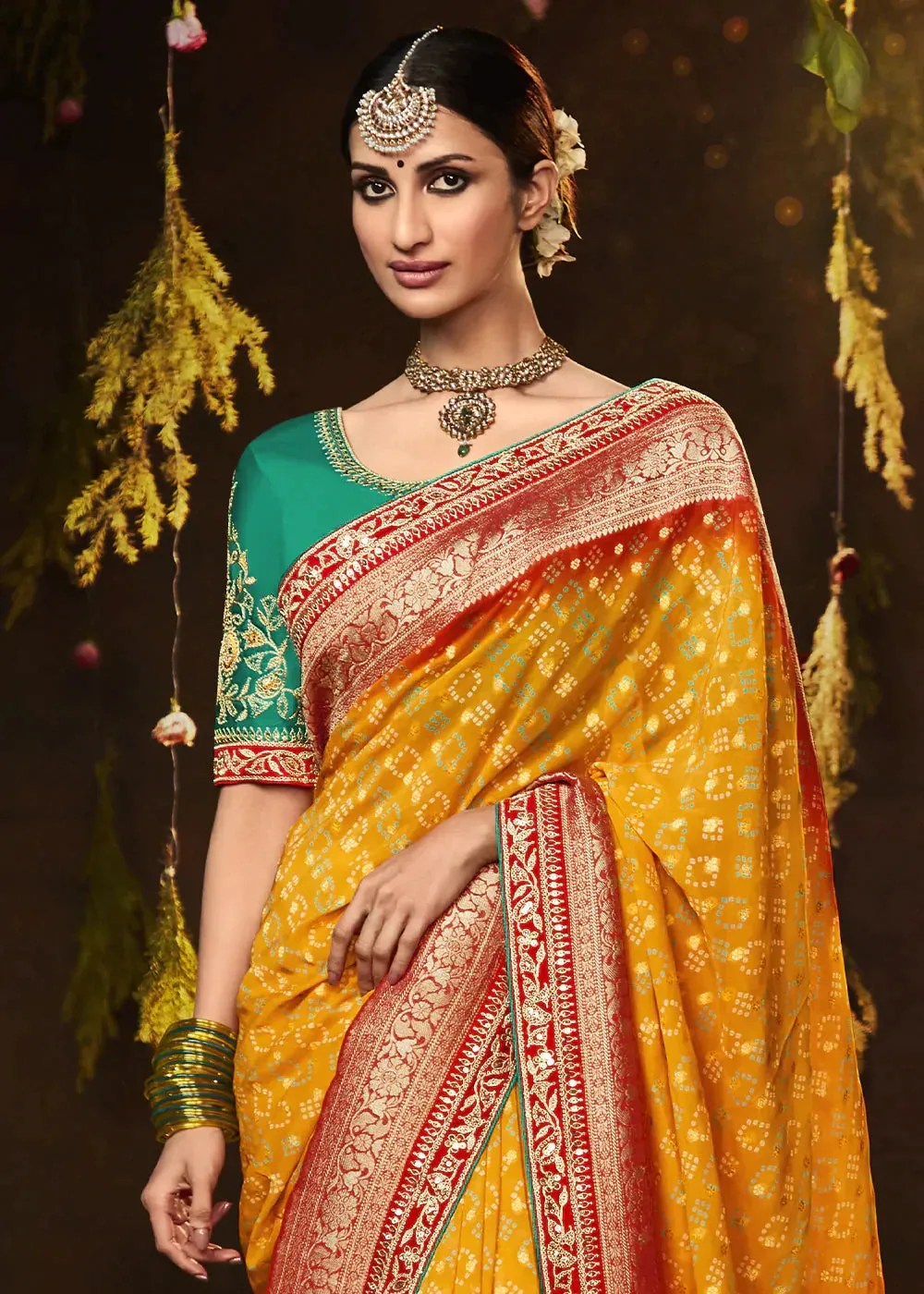 Merigold Orange Zari Weaving Georgette Silk Saree with Embroidery Designer Blouse