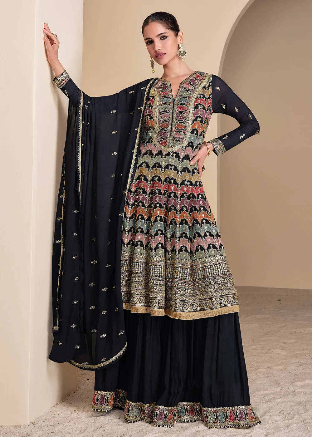 Multi Embroidered Black Georgette Wedding Sharara Suit