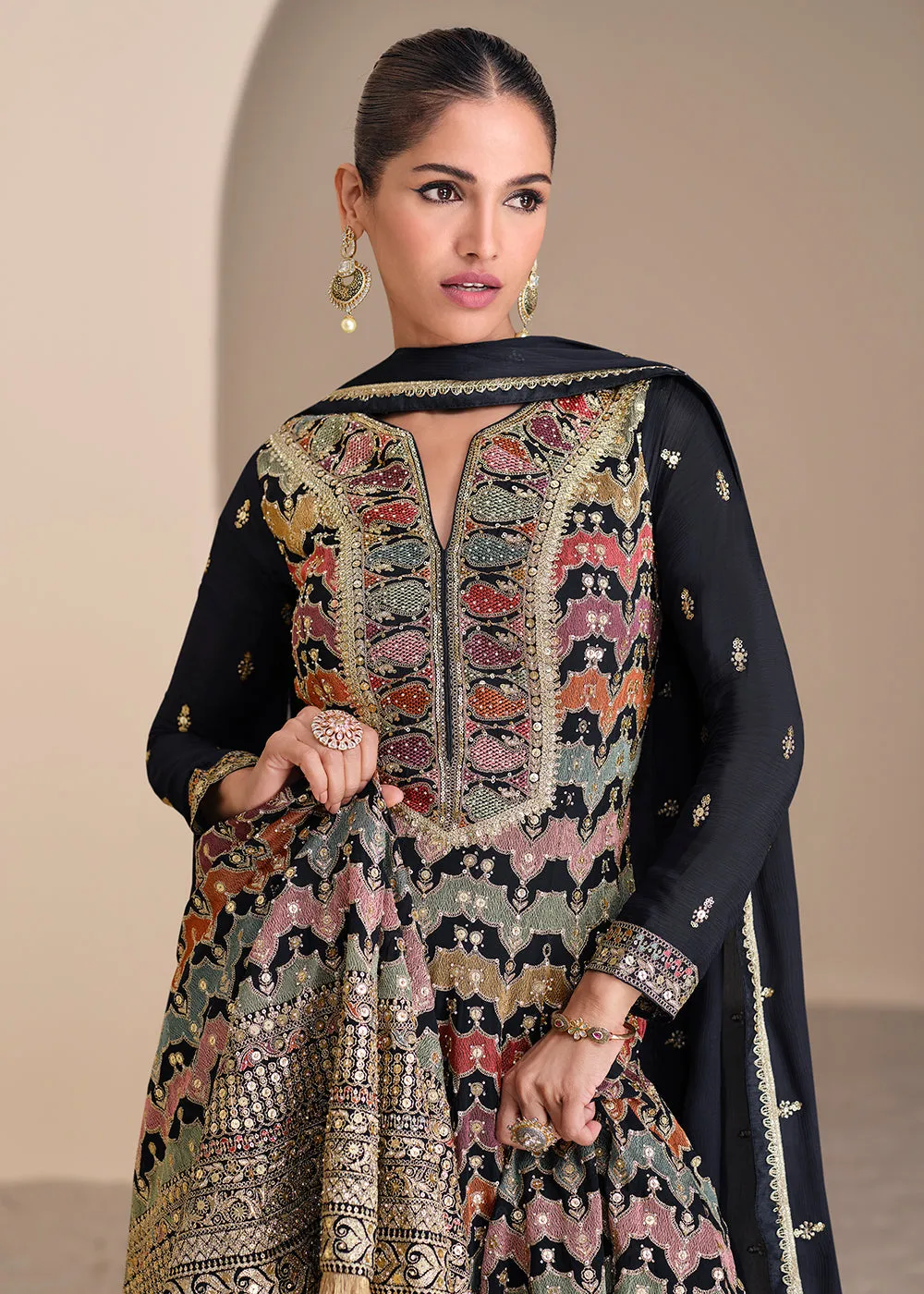 Multi Embroidered Black Georgette Wedding Sharara Suit