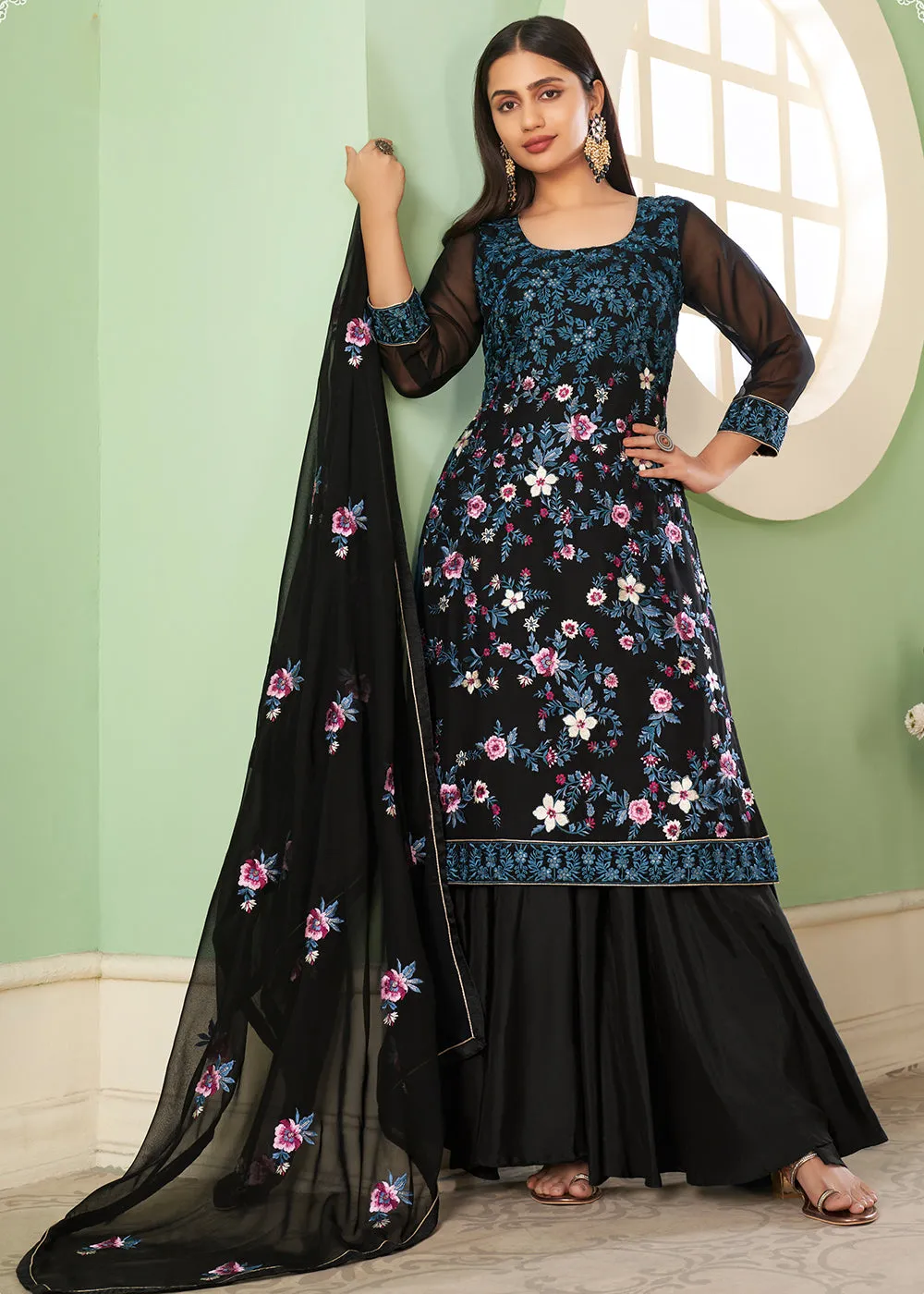 Multi Thread Glamourous Black Georgette Palazzo Salwar Suit