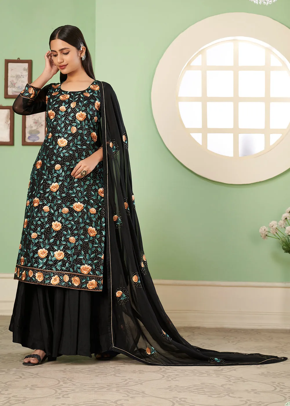 Multi Thread Soothing Black Georgette Palazzo Salwar Suit