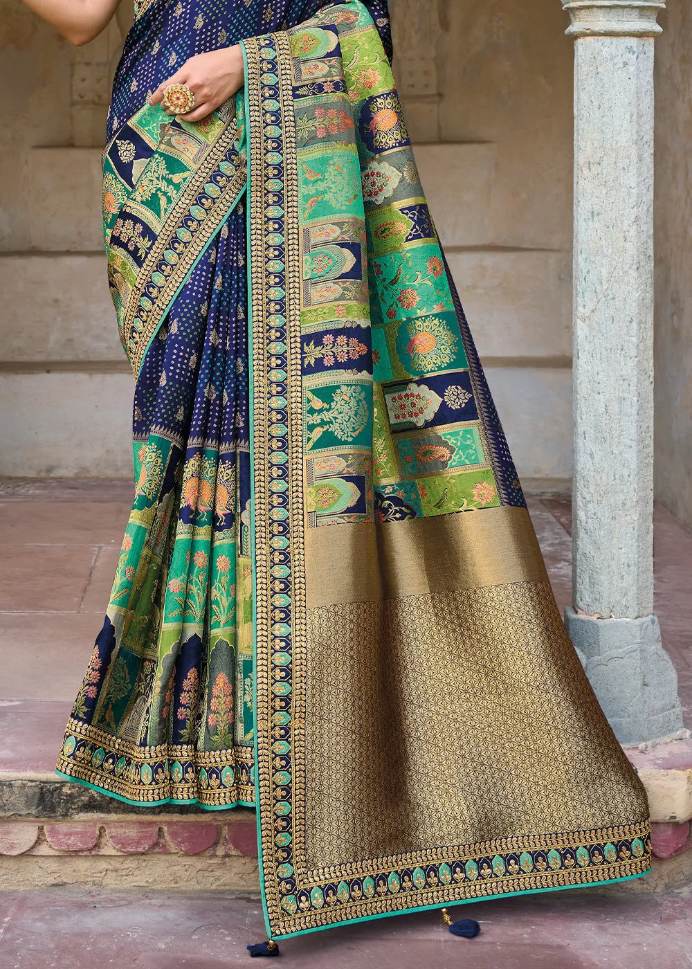 Navy Blue Dola Silk Saree with Beautiful Embroidery work: Wedding Edition