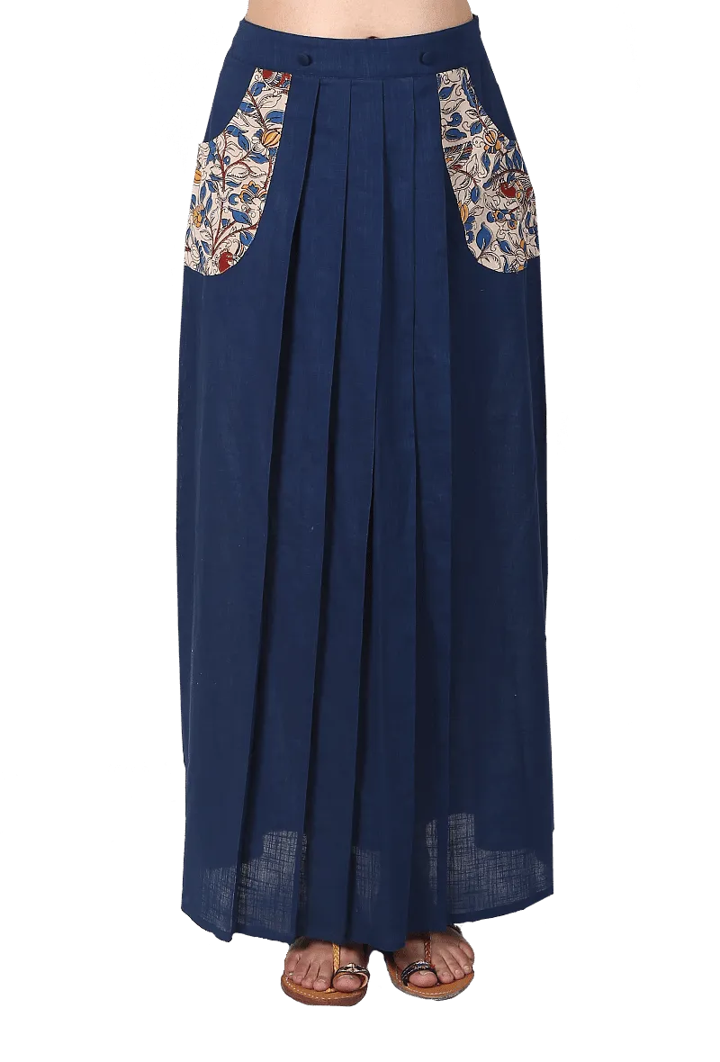 Navy Blue Pure Cotton Stitched Saree With Detachable Kalamkari Pallu