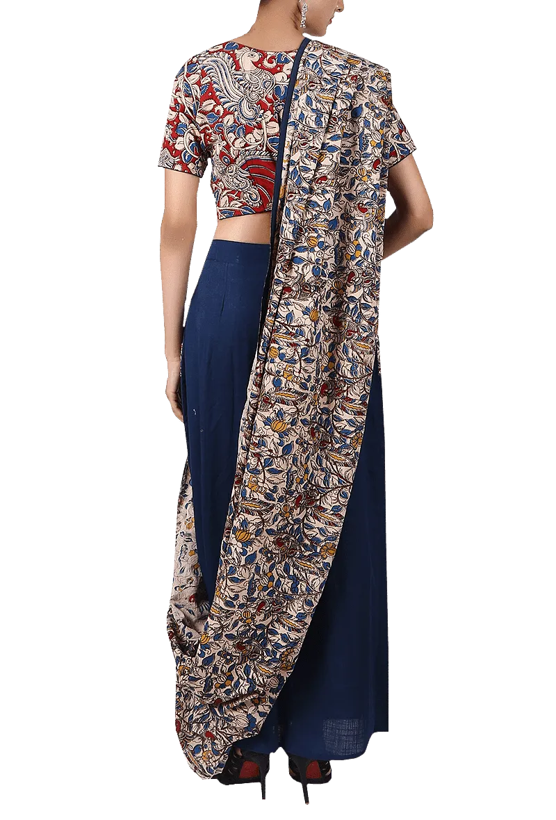 Navy Blue Pure Cotton Stitched Saree With Detachable Kalamkari Pallu