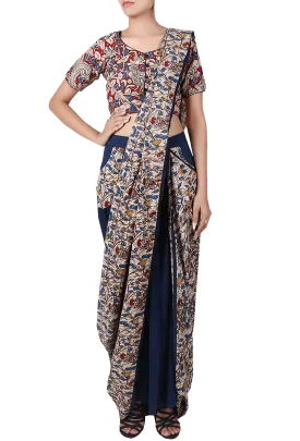 Navy Blue Pure Cotton Stitched Saree With Detachable Kalamkari Pallu