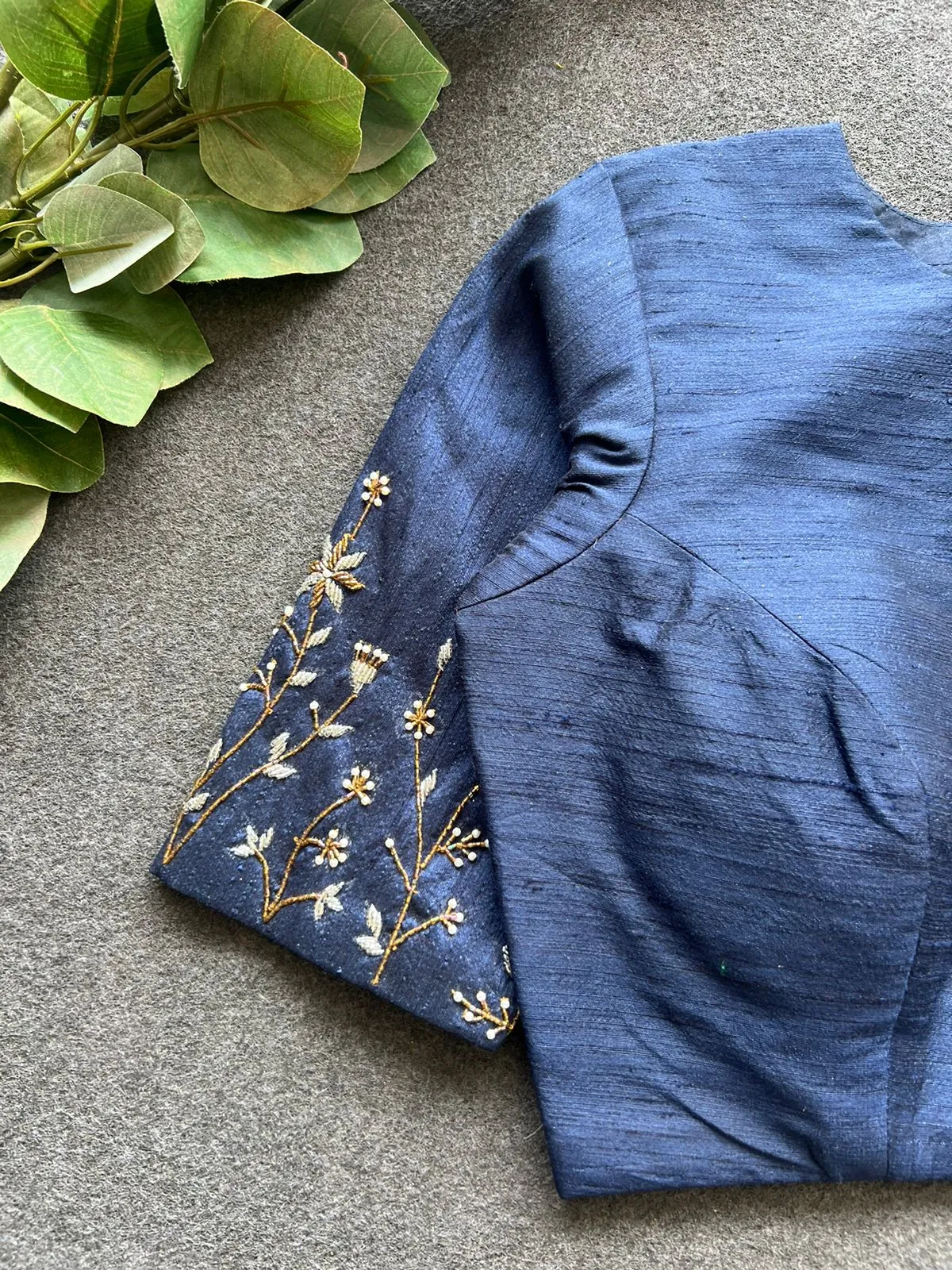 Navy blue silk sleeves hand work blouse