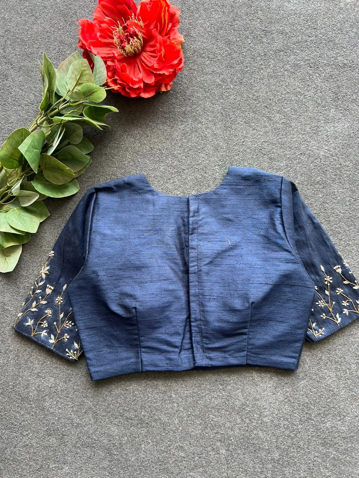 Navy blue silk sleeves hand work blouse