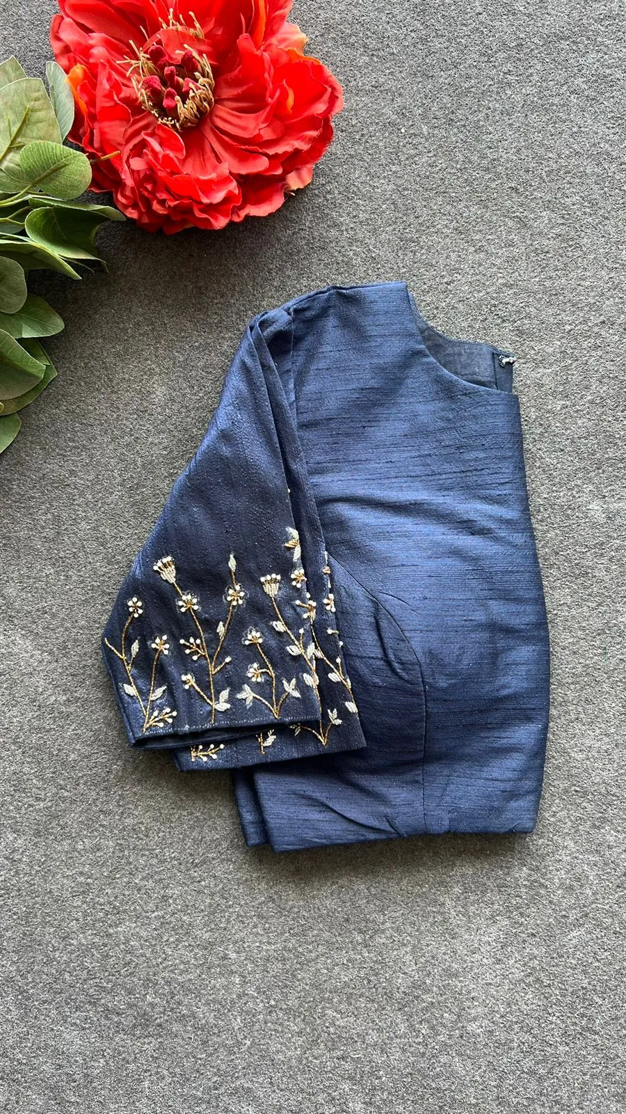 Navy blue silk sleeves hand work blouse