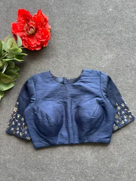 Navy blue silk sleeves hand work blouse