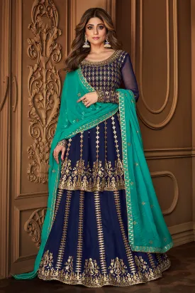 Navy Blue Skirt Style Embroidered Georgette Lehenga Suit