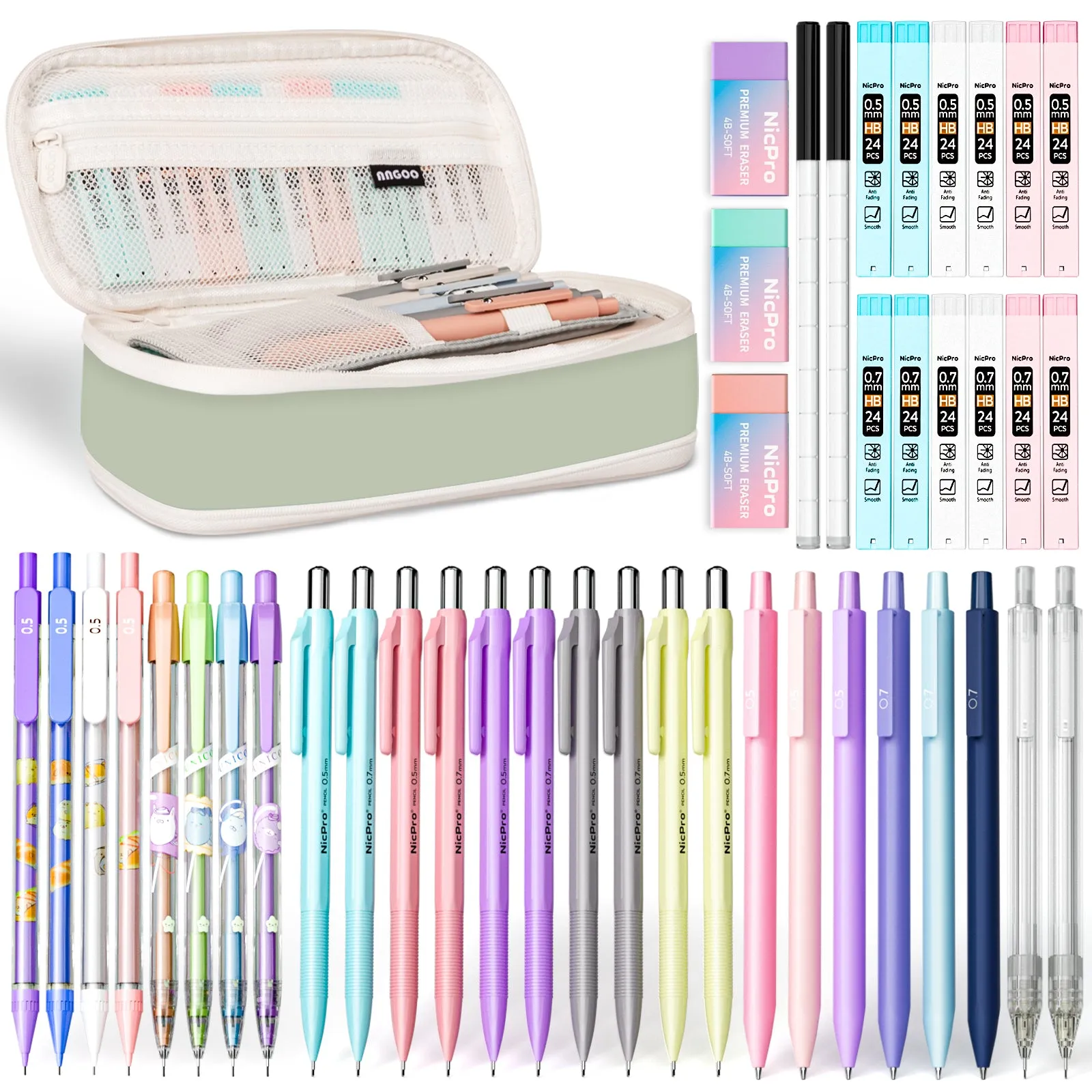 Nicpro Aesthetic School Supplies, 46 PCS Mechanical Pencil Set with Pencil Pouch, 5 Type 0.5mm & 0.7 mm Mechanical Pencil with 12 Tube HB Lead Refills, 3 Erasers, Case for Drafting Writing Drawing