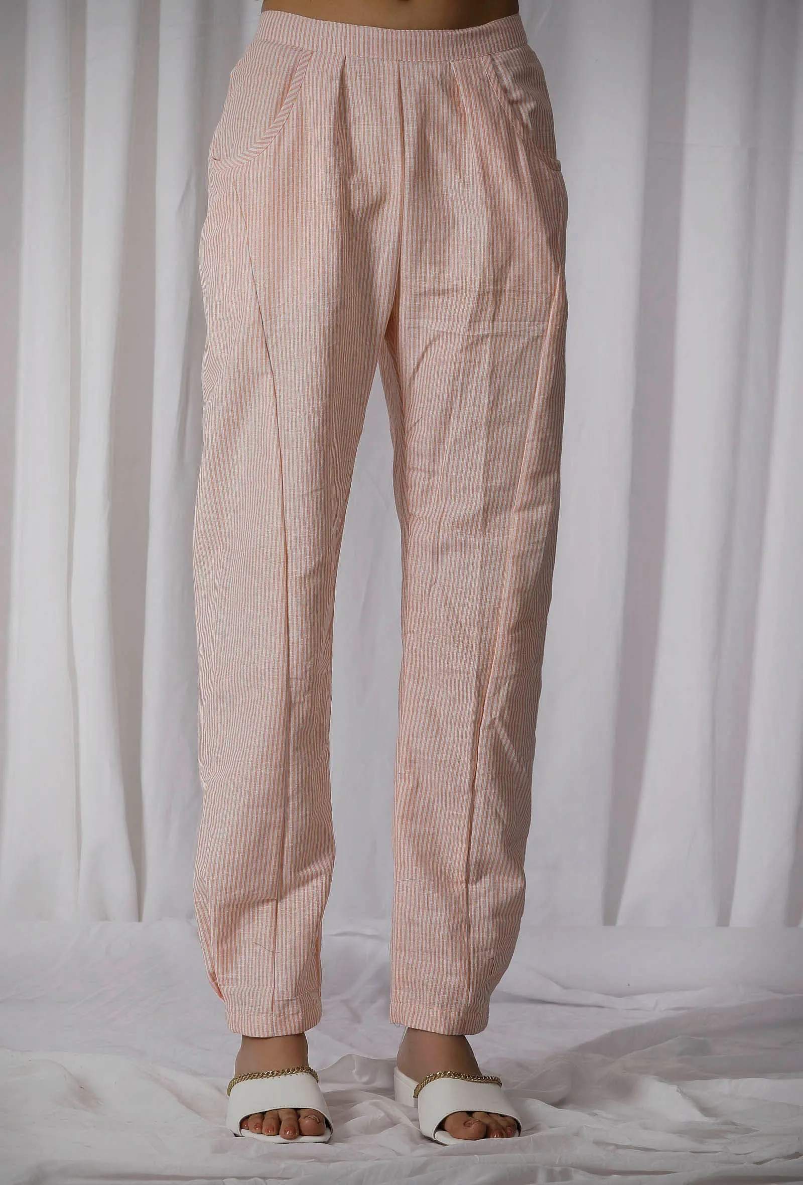 Orange Cotton Striped Straight Pants