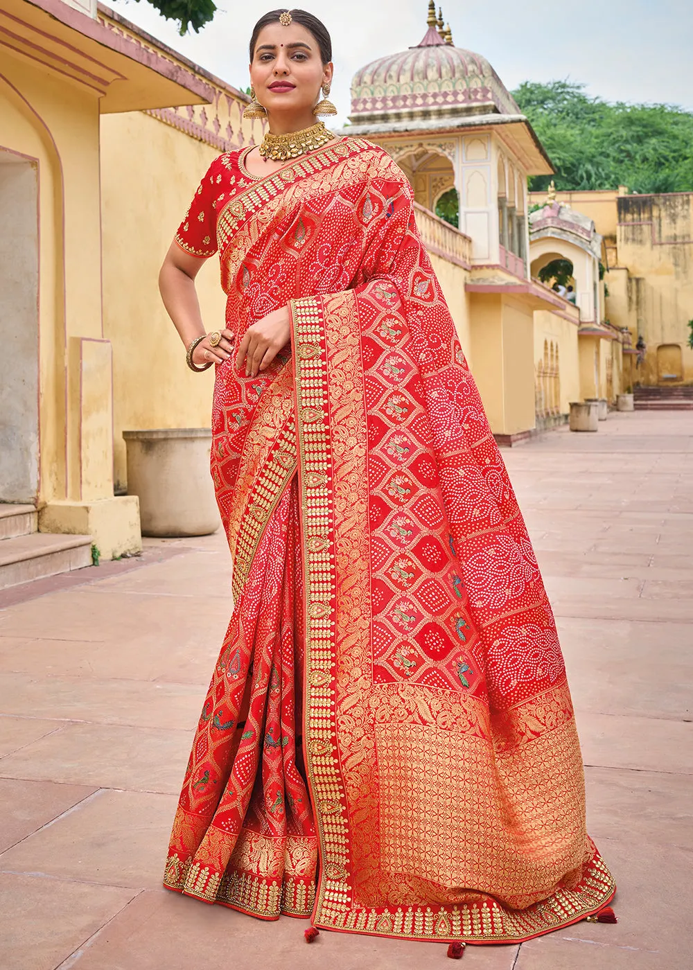 Persian Red Dola Silk Saree with Beautiful Embroidery work: Wedding Edition