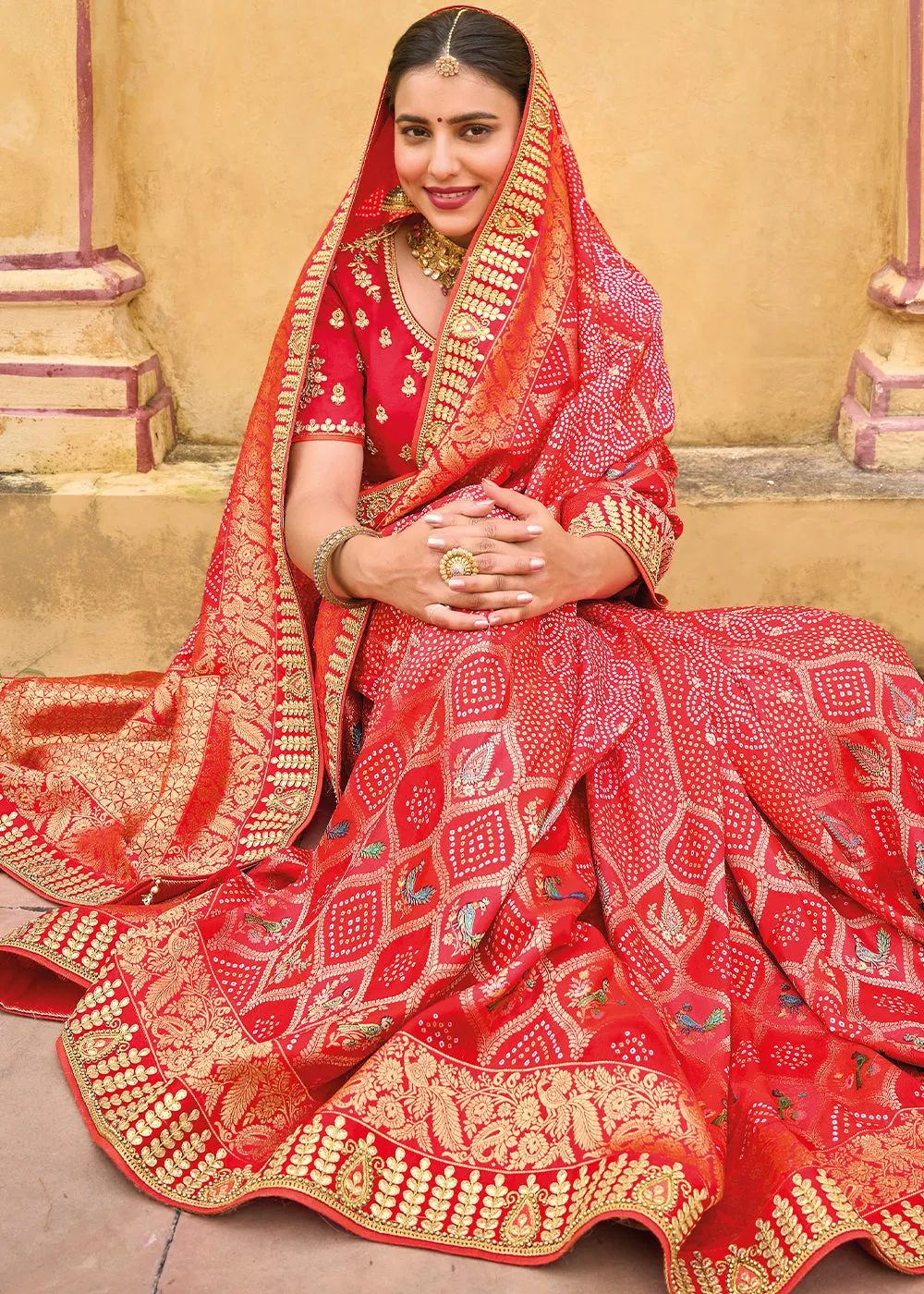 Persian Red Dola Silk Saree with Beautiful Embroidery work: Wedding Edition