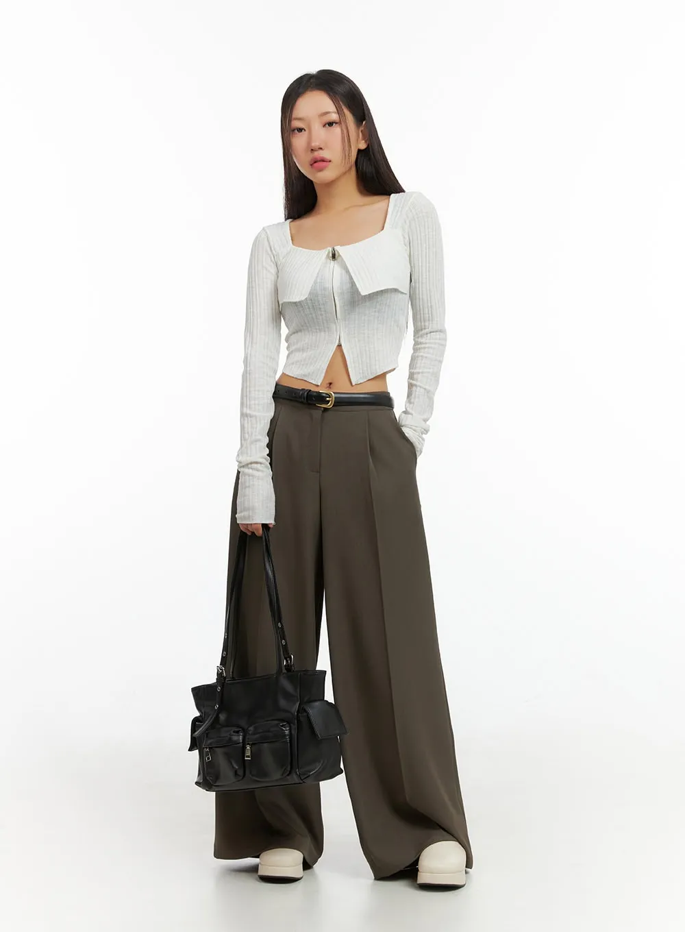 Pintuck Wide-Leg Tailored Pants IS402