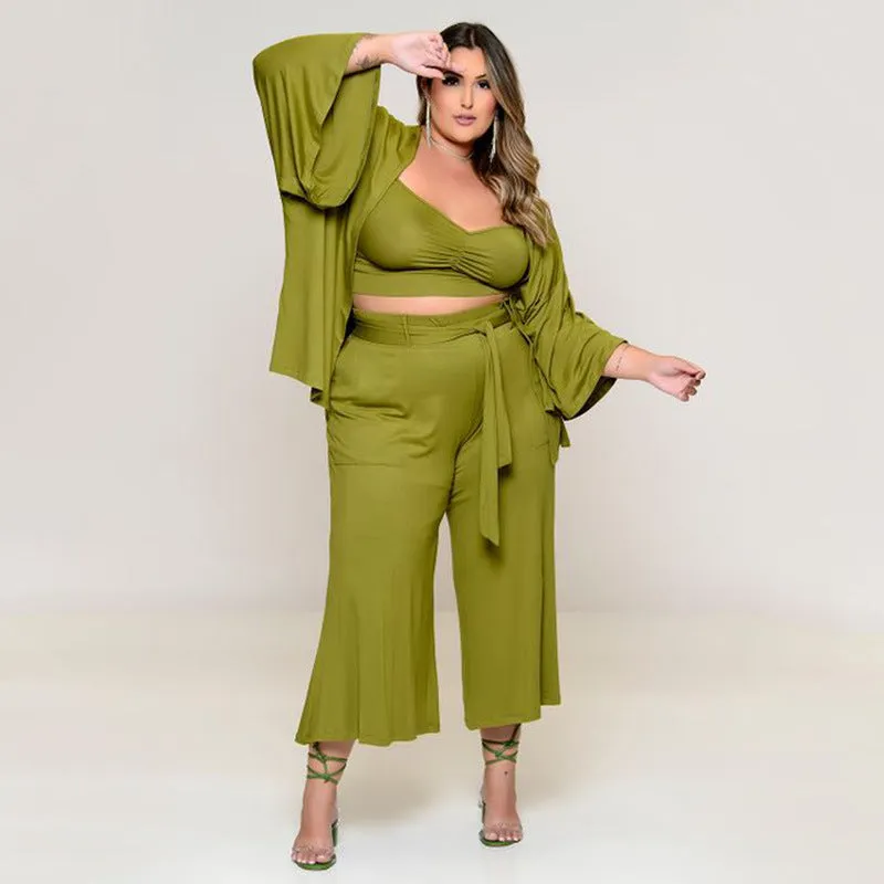 Plus Size Midi Length Wide Leg Pants With Top And Jacket Three-Piece Pants Set