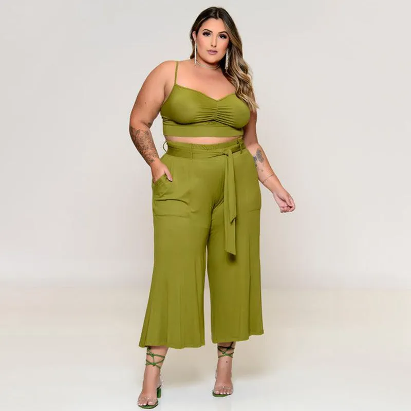 Plus Size Midi Length Wide Leg Pants With Top And Jacket Three-Piece Pants Set