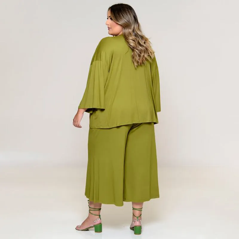 Plus Size Midi Length Wide Leg Pants With Top And Jacket Three-Piece Pants Set