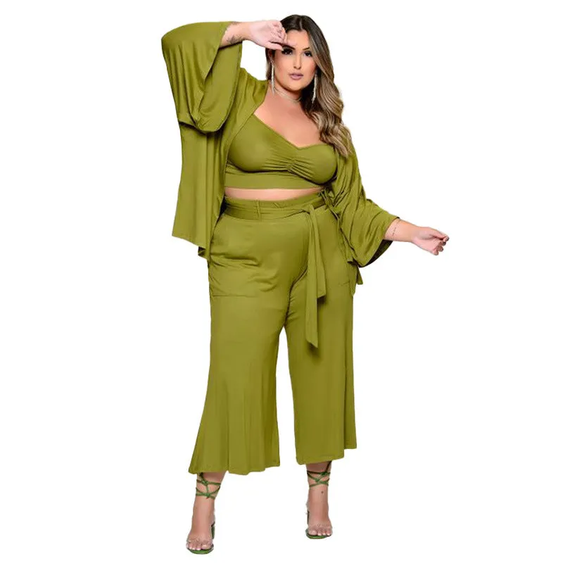 Plus Size Midi Length Wide Leg Pants With Top And Jacket Three-Piece Pants Set