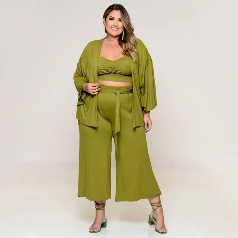 Plus Size Midi Length Wide Leg Pants With Top And Jacket Three-Piece Pants Set